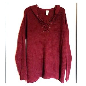 Maroon hooded lace up sweater